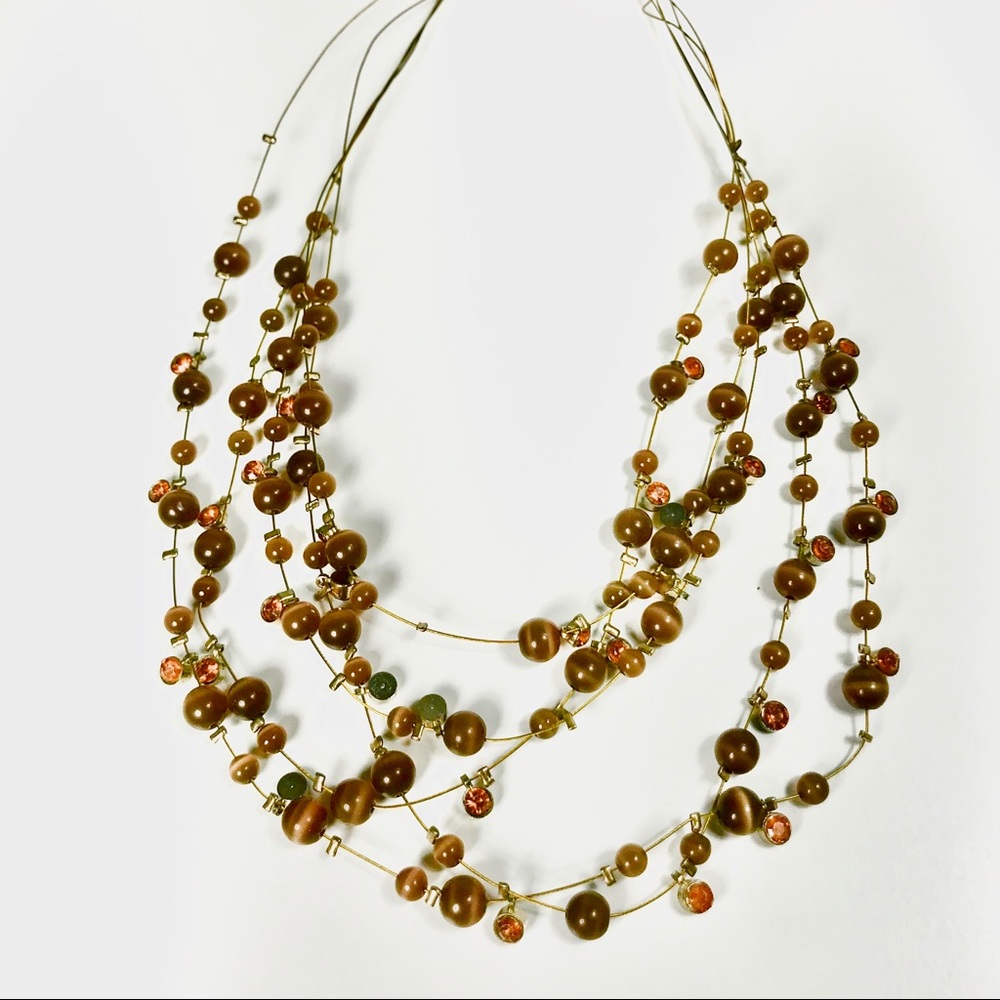 Cats Eye Rhinestone Goldtone Wire Strand Necklace